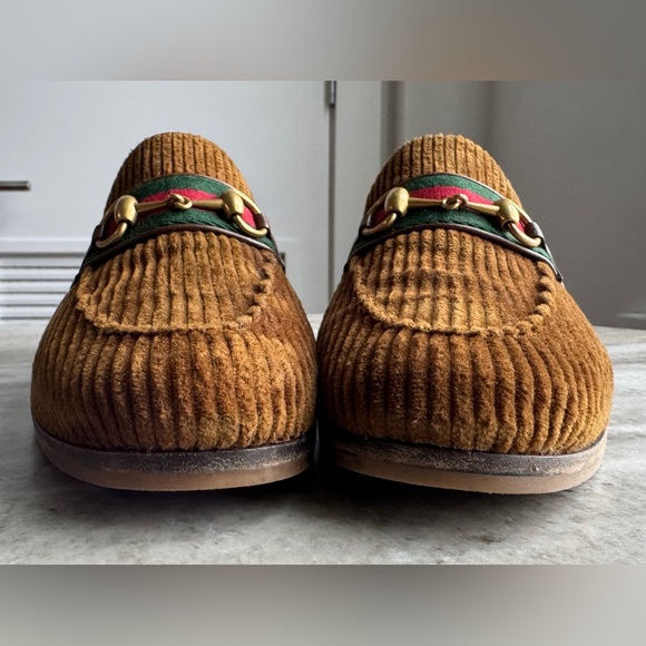 GUCCI Brown Corduroy Web Gold Horsebit Slip On Loafers 8.5 / 9 Moccasins $1000 - Picture 8 of 16